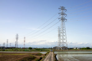 鉄塔と水田のある風景　～田植えの季節～