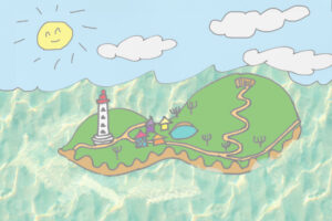 ひょっこりひょうたん島のモデル　蓬莱島に再建された赤い灯台