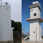 鳴門海峡を挟んで向き合う、四角い門埼灯台と丸い孫埼灯台