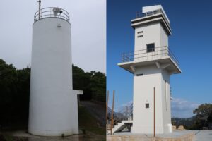 鳴門海峡を挟んで向き合う、四角い門埼灯台と丸い孫埼灯台