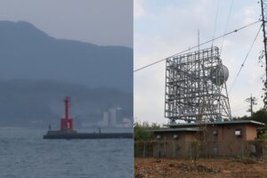 若松洞海湾口防波堤灯台と台場鼻潮流信号所の距離は約2.3km、互いが見えるか